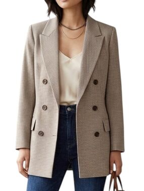 Aritzia Babaton Atelier Double Breasted Plaid Blazer Tan Navy Size 2